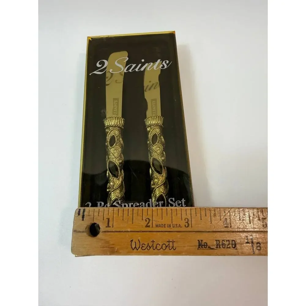 2 Saints Spreader Set 2 Pc Jeweled Handle Stainless Steel Knives In Box